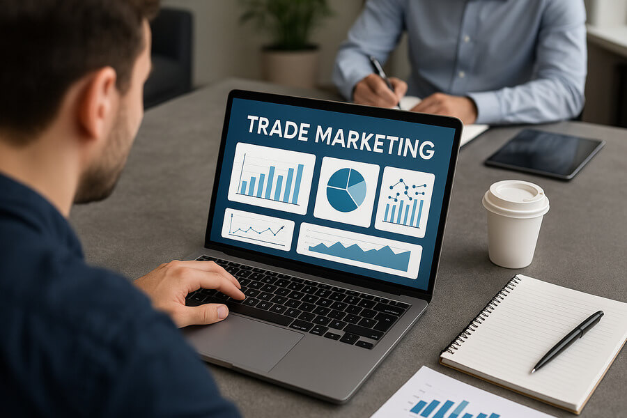 Herramientas de trade marketing herramientas clave - Persona trabajando en estrategia de trade marketing desde un computador portátil.