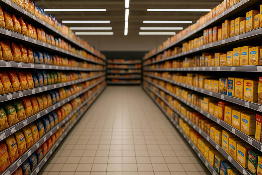 Herramientas de trade marketing introducción - Pasillo de supermercado con estanterías llenas de productos empaquetados.