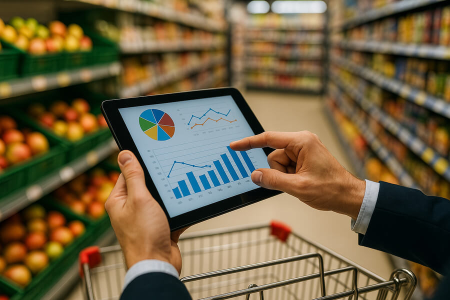 Herramientas de trade marketing medicion de resultados - Persona analizando datos de ventas en tablet dentro de supermercado.