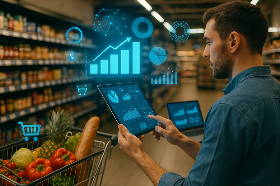 Herramientas de trade marketing tecnológicas - Hombre analizando datos digitales en supermercado con gráficos virtuales en pantalla.