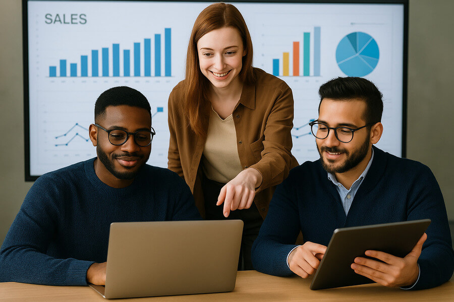 Como aumentar las ventas importancia - Tres personas analizan datos en laptops y tabletas frente a una pantalla con gráficos de ventas.