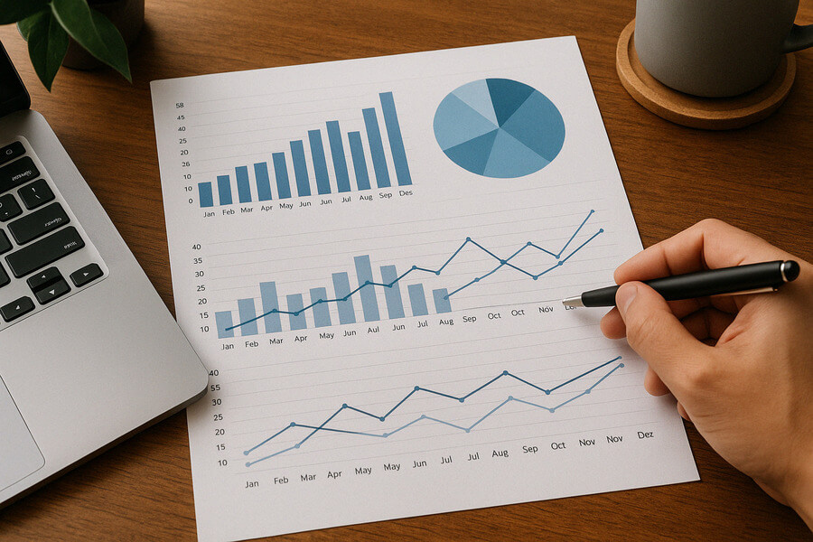 Como aumentar las ventas introducción - Mano sostiene bolígrafo sobre hoja con gráficos de barras, líneas y pastel junto a un portátil en escritorio de madera.