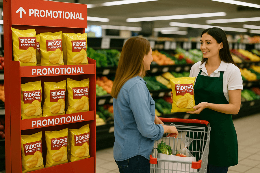 Campaña promocional casos de estudio - Promotora ofreciendo producto en supermercado.
