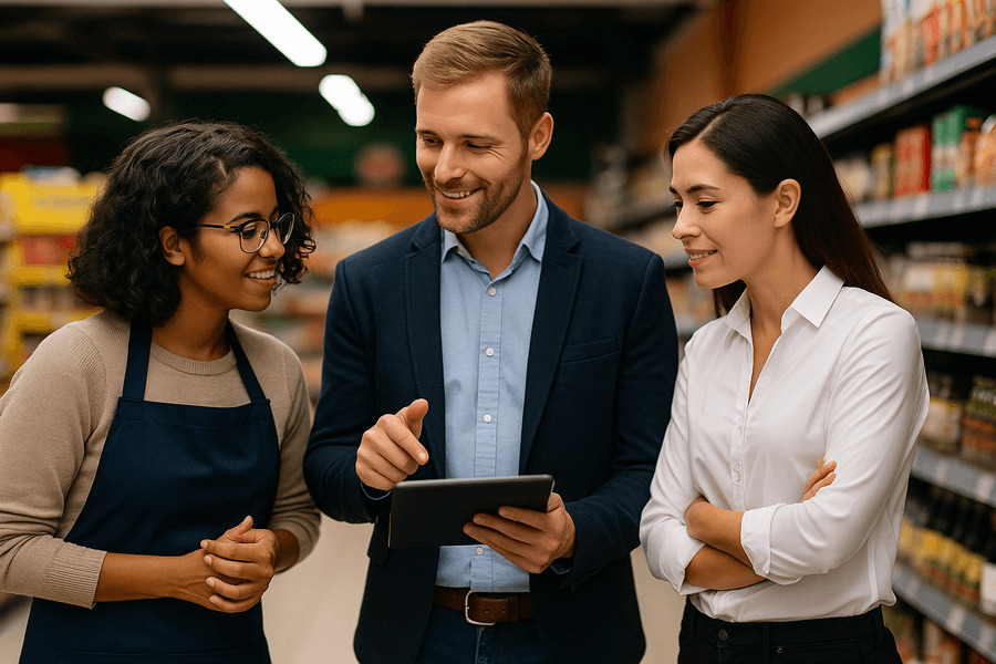 Campaña promocional conclusiones - Reunión positiva de equipo comercial en tienda.