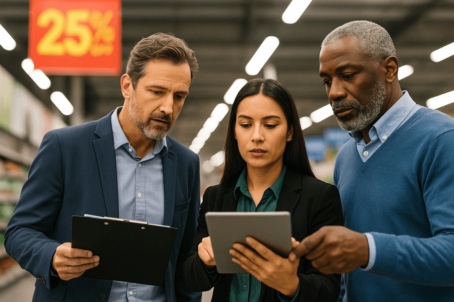 Campaña promocional importancia de medir - Profesionales evaluando información en supermercado.