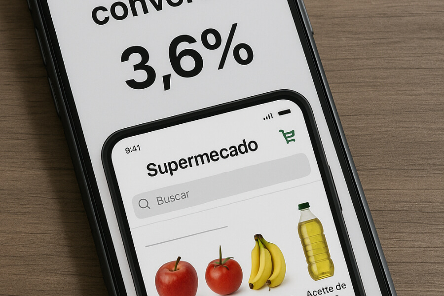 Tienda digital análisis - Aplicación móvil de supermercado con tasa de conversión del 3,6%.
