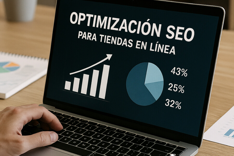 Tienda digital optimización seo - Pantalla de laptop con gráfico y texto sobre optimización SEO para tiendas online.
