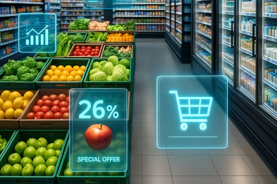 Tienda digital pasos - Pasillo de supermercado con frutas, verduras y promociones digitales.
