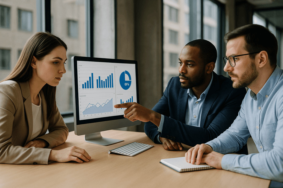 Confiabilidad de datos resultados -Reunión de trabajo analizando gráficos de datos en computador.