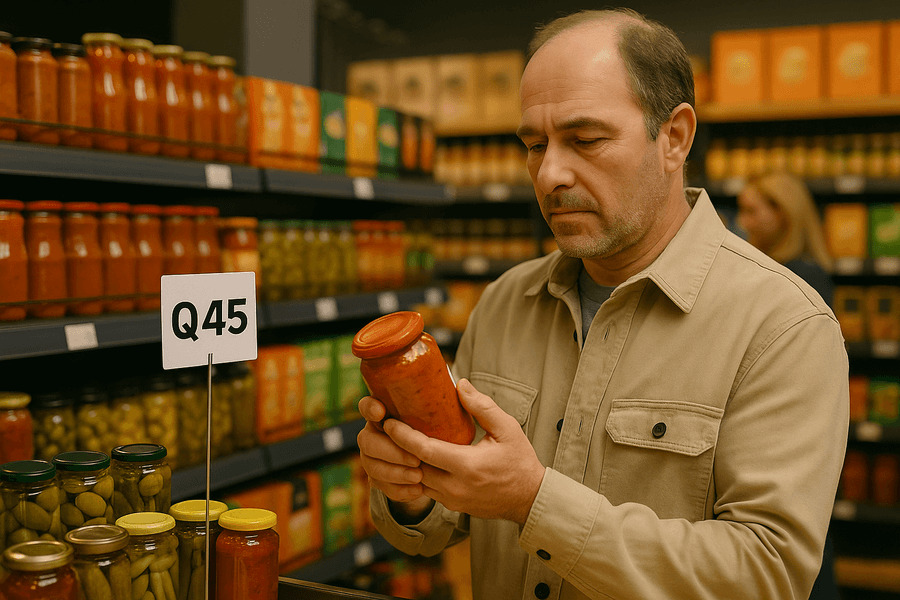 Estrategias de pricing como el pricing - Hombre evaluando una salsa en el supermercado junto a un precio de Q45.