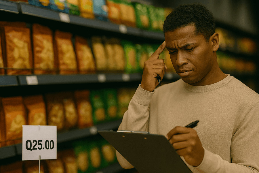 Estrategias de pricing errores - Hombre analizando precios en el supermercado con una tabla de notas.
