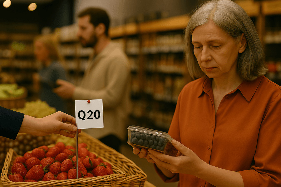 Estrategias de pricing importancia - Mujer revisando el precio y la calidad de frutas en el supermercado.
