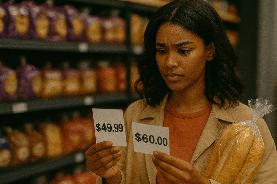 Estrategias de pricing psicologicos - Mujer comparando dos precios en el supermercado.